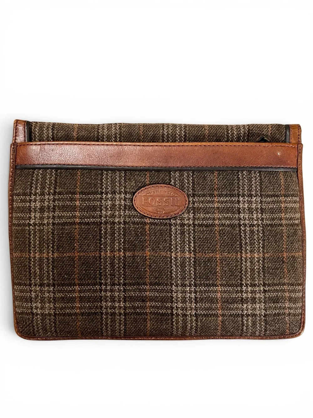 Fossil RARE Vintage Alpine Wool Plaid & Leather Clutch Document Bag Unisex